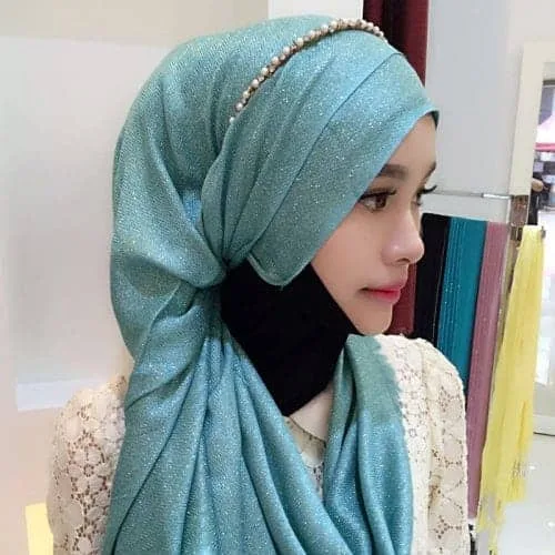 Hijab Scarf Fashion Gold Silk Cotton Female Long Scarf Folk Style (Ocean Blue)