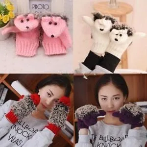 Winter Lovely Cartoon Mouse Knitting Lady Mittens Warm Cartoon Hedgepig Full Finger Gloves (Pink) - Image 4