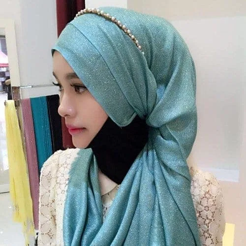 Hijab Scarf Fashion Gold Silk Cotton Female Long Scarf Folk Style (Ocean Blue) - Image 2