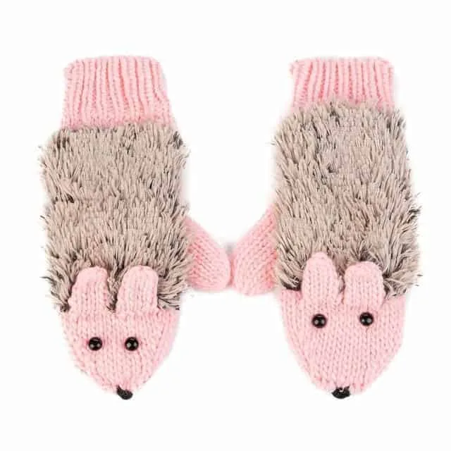 Winter Lovely Cartoon Mouse Knitting Lady Mittens Warm Cartoon Hedgepig Full Finger Gloves (Pink)