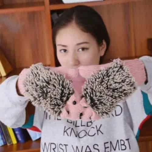 Winter Lovely Cartoon Mouse Knitting Lady Mittens Warm Cartoon Hedgepig Full Finger Gloves (Pink) - Image 3