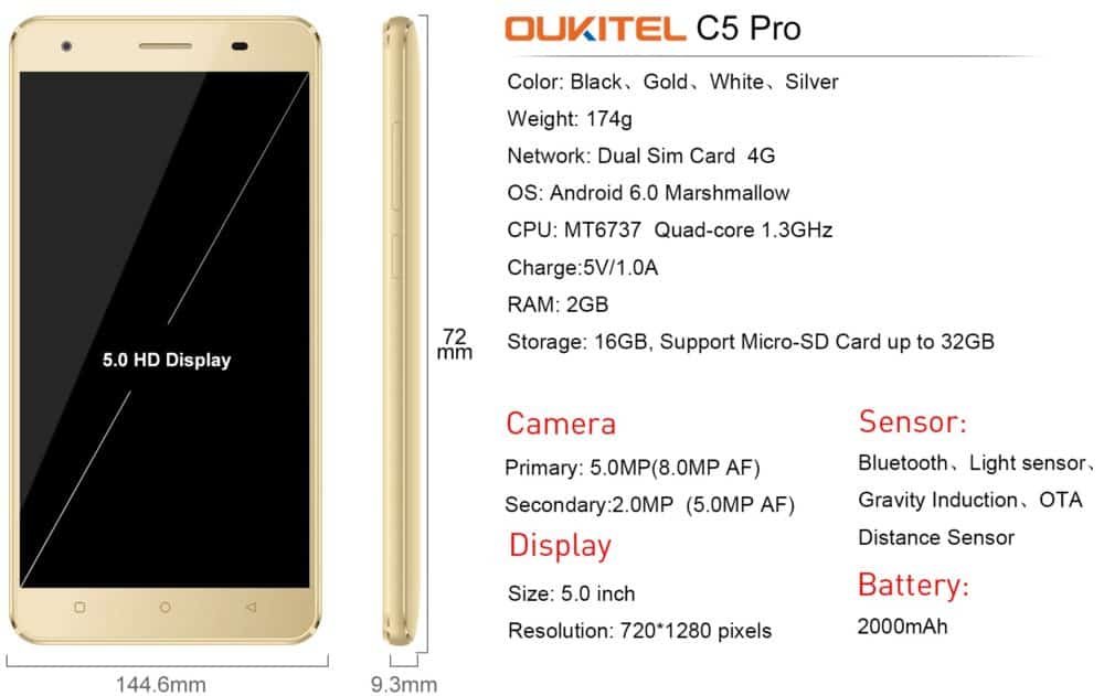 OUKITEL C5 Pro, 2GB+16GB (Gold) - Image 4