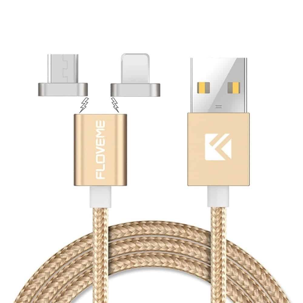 FLOVEME 3 in 1 2.4A 1m Nylon Weave Style 8 Pin + Micro USB + Type-C Magnetic Data Sync Charging Cable (Gold)