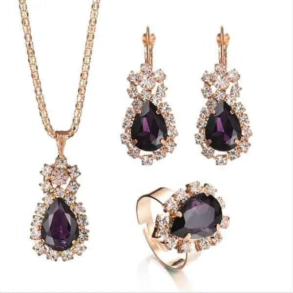 3 in 1 Gold Chain Water Drop Shape Crystal Earrings Necklace Adjustable Rings Set Women Jewelry Sets(Purple) - Image 4