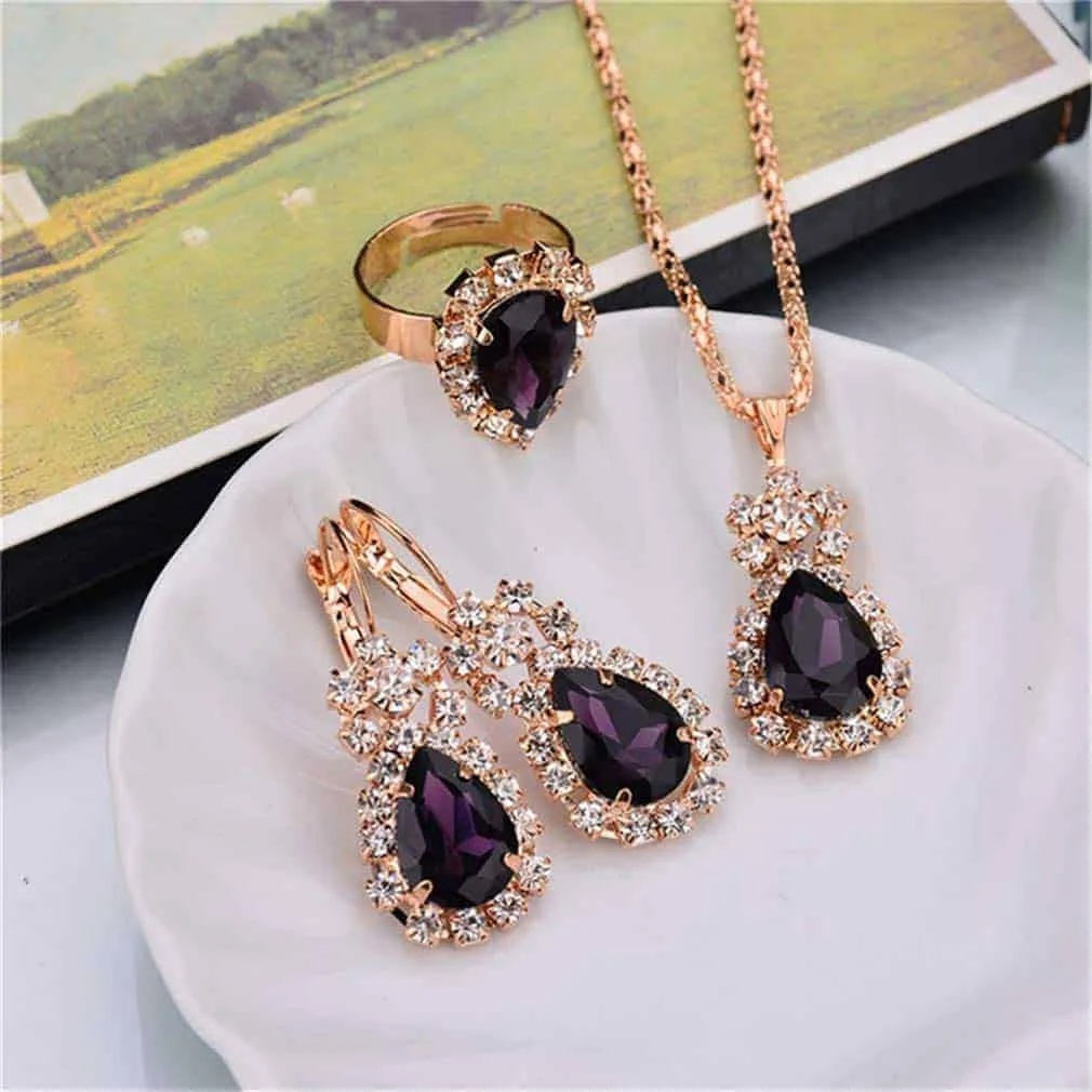 3 in 1 Gold Chain Water Drop Shape Crystal Earrings Necklace Adjustable Rings Set Women Jewelry Sets(Purple)