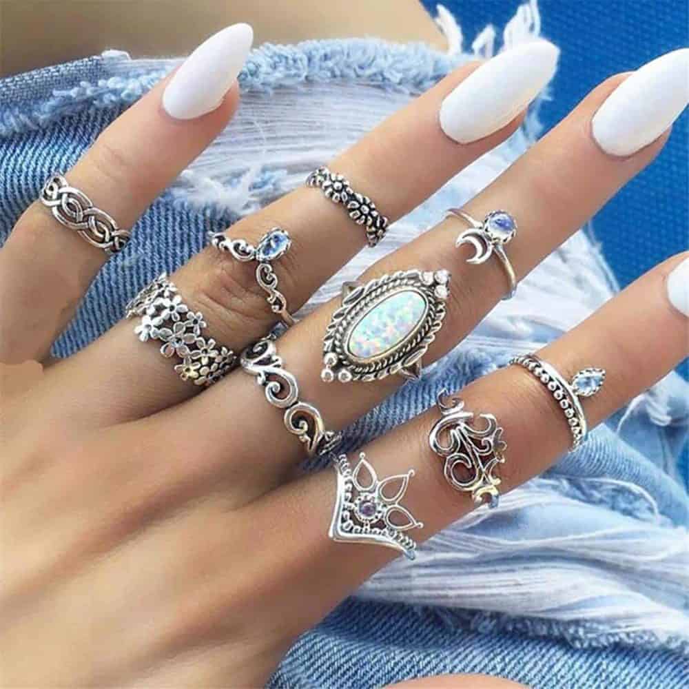 12 PCS Vintage Knuckle Rings for Women Boho Geometric Flower Crystal Ring Set - Image 2