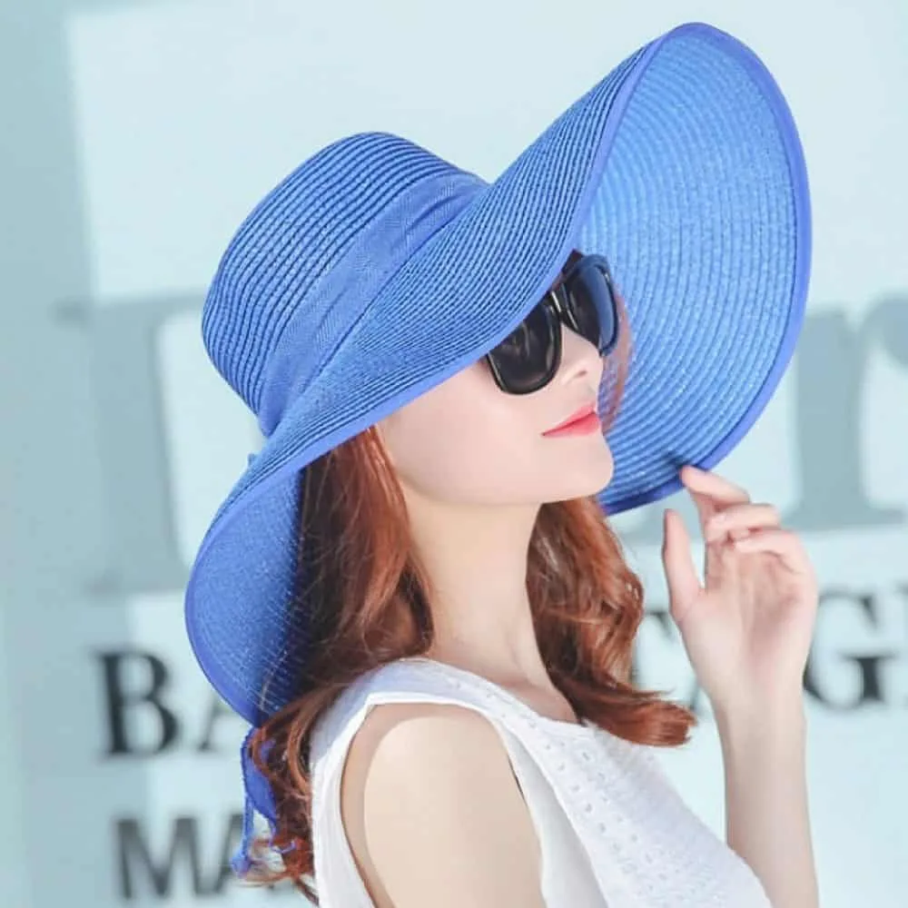 Women Summer Hats Foldable Wide Large Brim Beach Sun Straw Cap Elegant Hats Caps Color Blue(M)