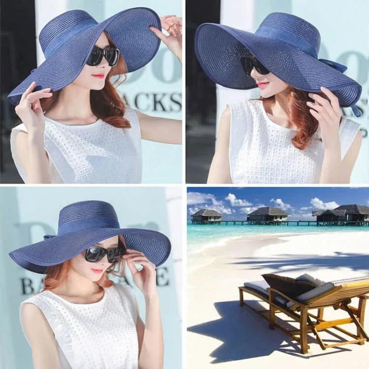 Women Summer Hats Foldable Wide Large Brim Beach Sun Straw Cap Elegant Hats Caps Color Blue(M) - Image 3