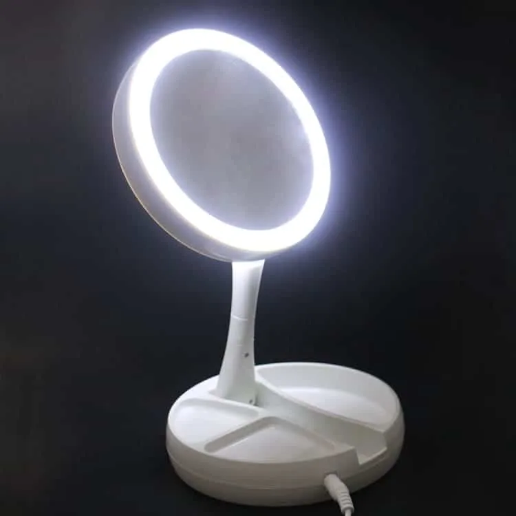 Makeup Mirror with Light Portable 360 Rotating Beauty Three Fold Double-sided Dressing Mirror Table Lamp(White)