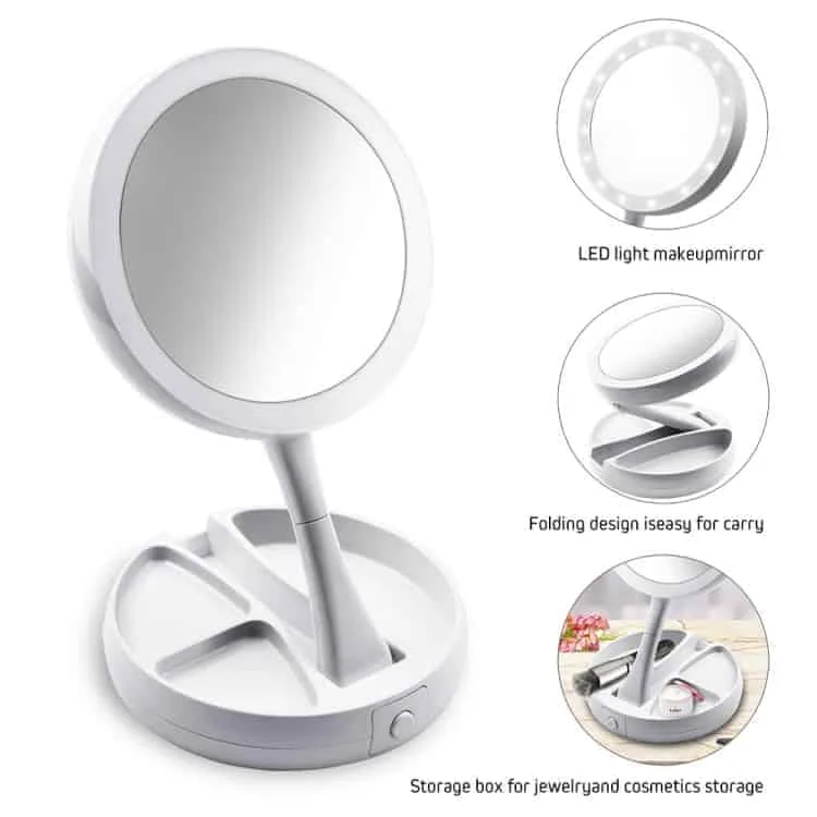 Makeup Mirror with Light Portable 360 Rotating Beauty Three Fold Double-sided Dressing Mirror Table Lamp(White) - Image 5