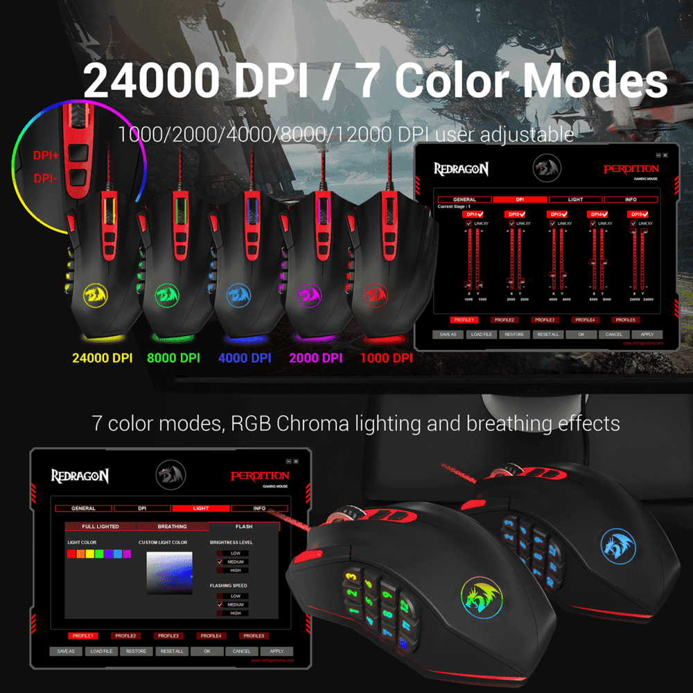 Redragon M901 Perdition 24000DPI MMO Mouse LED RGB Wired Gaming Mouse(Black) - Image 3