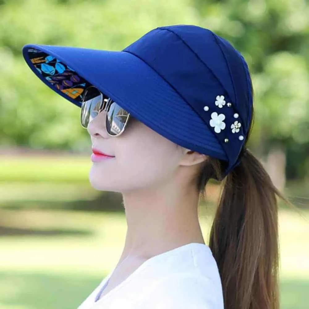 Women Summer Casual Going Out Ultraviolet Proof Korean Style Folded Sun Block Hat Breathable And Light (Blue)