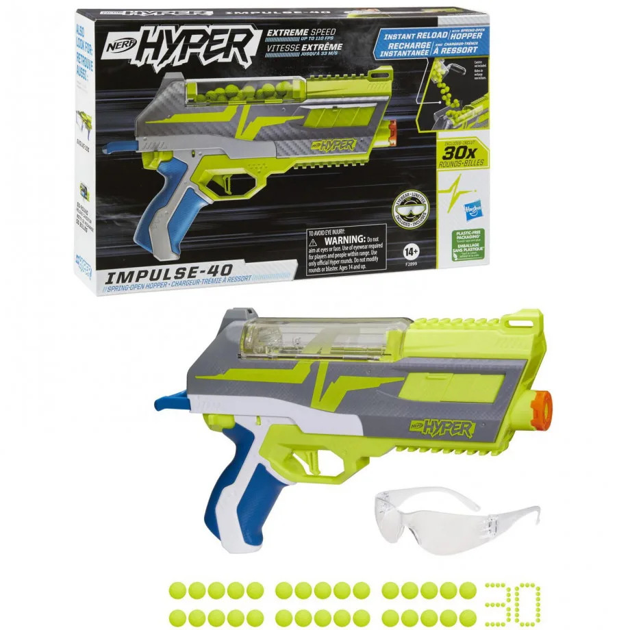 Nerf Hyper Impulse-40 Blaster, 30 Nerf Hyper Rounds, Spring-Open Instant Reload Hopper, Up To 110 FPS Velocity