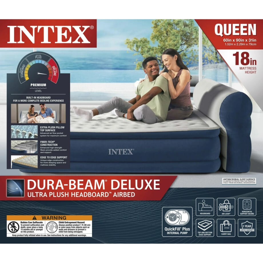 Intex Queen Headboard Dura-Beam Deluxe Raised Air Bed Mattress with Built-in Pump - 18" Mattress Height - Image 7