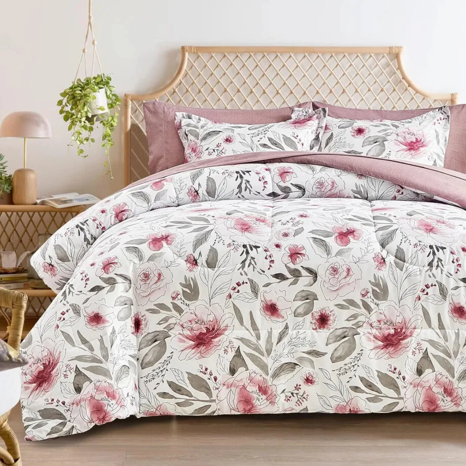 Mainstays in a Bag King Size 7 Pieces, Blush Pink and Grey Elegant Flowers Comforter Bedding Set for All Season (1 Comforter, 1 Flat Sheet, 1 Fitted Sheet, 2 Pillow Shams and 2 Pillowcases) - Image 2