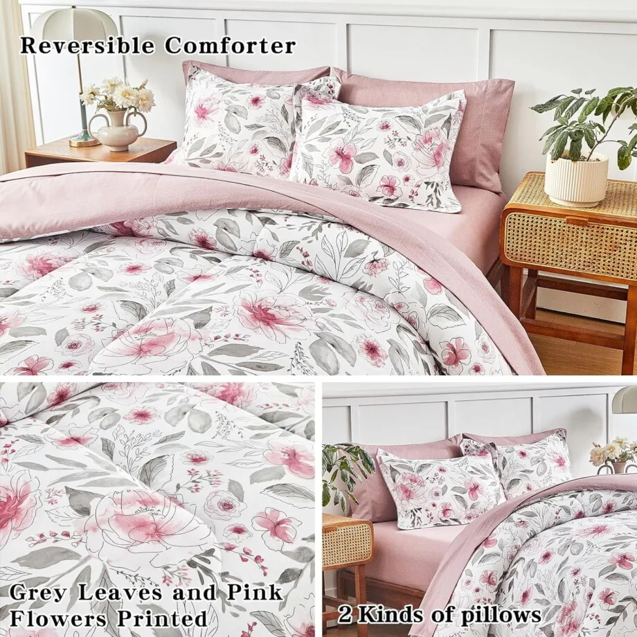 Mainstays in a Bag King Size 7 Pieces, Blush Pink and Grey Elegant Flowers Comforter Bedding Set for All Season (1 Comforter, 1 Flat Sheet, 1 Fitted Sheet, 2 Pillow Shams and 2 Pillowcases) - Image 3