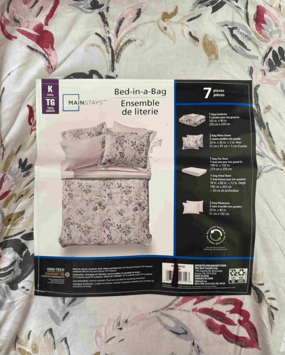 Mainstays in a Bag King Size 7 Pieces, Blush Pink and Grey Elegant Flowers Comforter Bedding Set for All Season (1 Comforter, 1 Flat Sheet, 1 Fitted Sheet, 2 Pillow Shams and 2 Pillowcases)