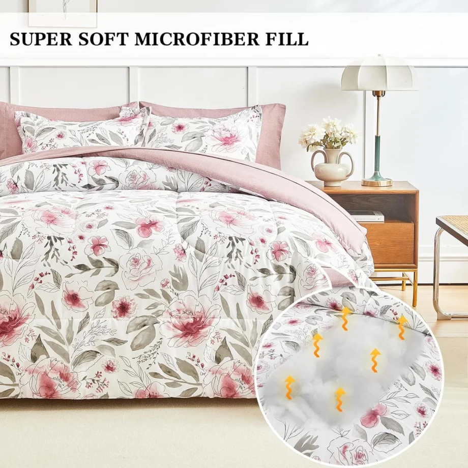 Mainstays in a Bag King Size 7 Pieces, Blush Pink and Grey Elegant Flowers Comforter Bedding Set for All Season (1 Comforter, 1 Flat Sheet, 1 Fitted Sheet, 2 Pillow Shams and 2 Pillowcases) - Image 4