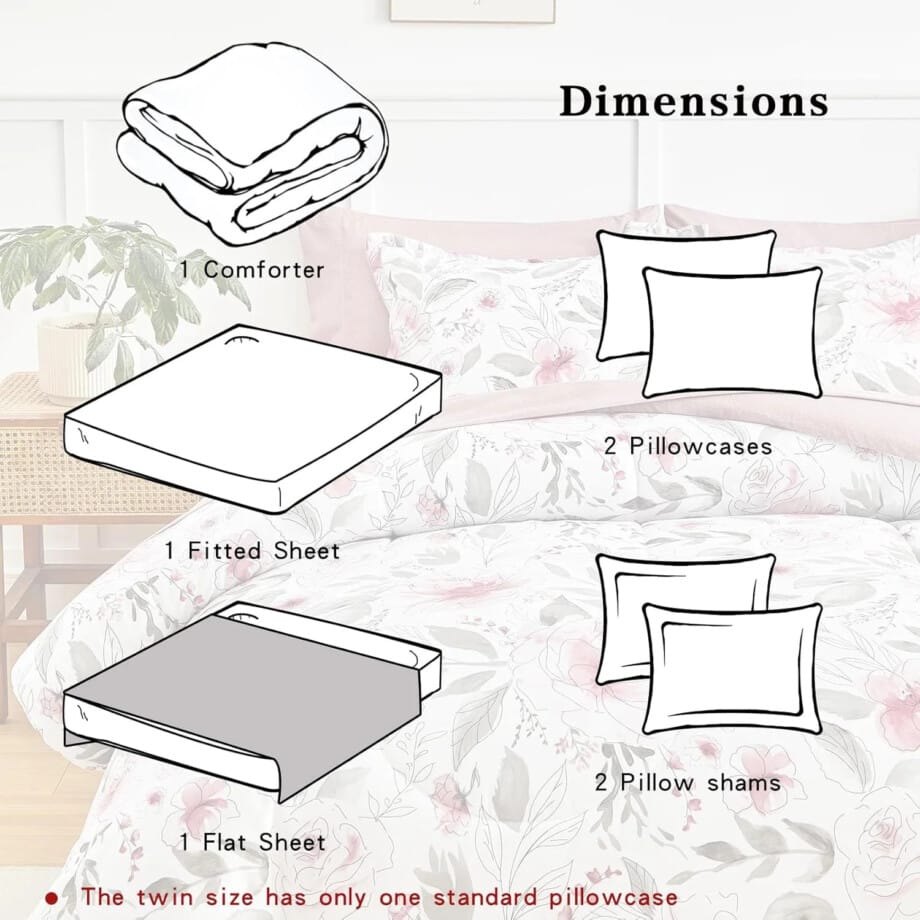 Mainstays in a Bag King Size 7 Pieces, Blush Pink and Grey Elegant Flowers Comforter Bedding Set for All Season (1 Comforter, 1 Flat Sheet, 1 Fitted Sheet, 2 Pillow Shams and 2 Pillowcases) - Image 5