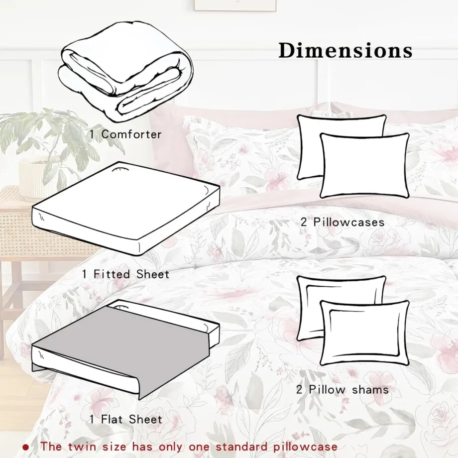 Mainstays in a Bag King Size 7 Pieces, Blush Pink and Grey Elegant Flowers Comforter Bedding Set for All Season (1 Comforter, 1 Flat Sheet, 1 Fitted Sheet, 2 Pillow Shams and 2 Pillowcases) - Image 5