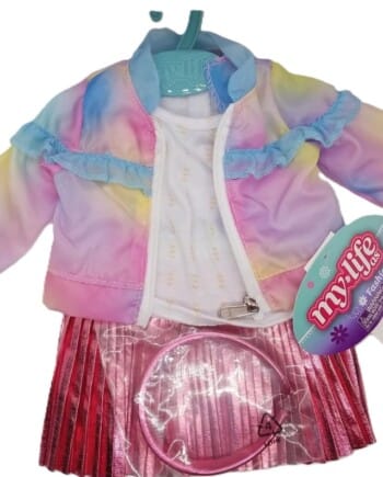 My Life As Rainbow Jacket Shirt & Pink Skirt w/ Headband Outfit for 18" Doll NEW
