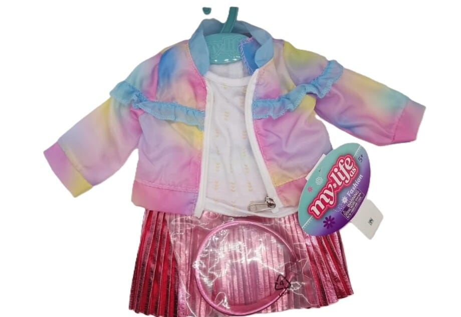 My Life As Rainbow Jacket Shirt & Pink Skirt w/ Headband Outfit for 18" Doll NEW