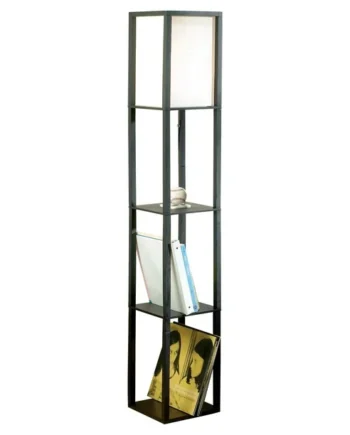 Hometrends Wood Floor Lamp with Shelves and Ivory Linen Shade, 63", Black