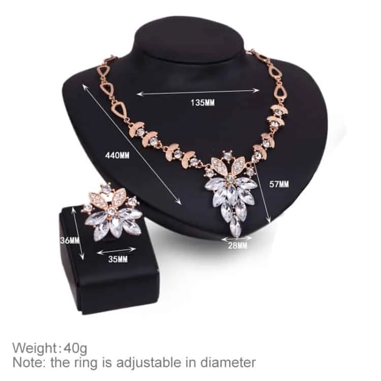 fashion diamond shape leaves flowers necklaces rings jewelry 2 pcs set for women (white)