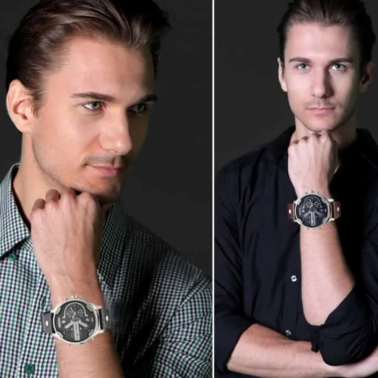 cagarny 6820 fashionable multifunctional style quartz business sport wrist watch with leather band & gmt time & calendar & luminous display for men (brown)