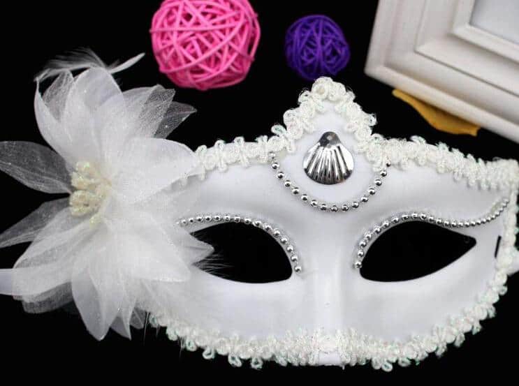 Halloween Masquerade Party Dance Plating Side Flower Feather Venice Princess Mask (White)