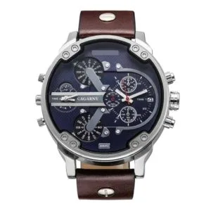 cagarny 6820 fashionable multifunctional style quartz business sport wrist watch with leather band & gmt time & calendar & luminous display for men (brown)