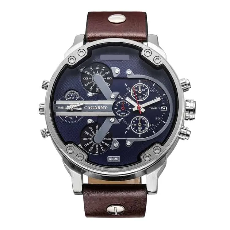 cagarny 6820 fashionable multifunctional style quartz business sport wrist watch with leather band & gmt time & calendar & luminous display for men (brown)