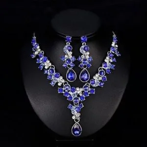 Wreath Necklace Long Earrings for Ladies Fashion Prestige Temperament Rhinestone Jewelry 2PCs Set (Blue)