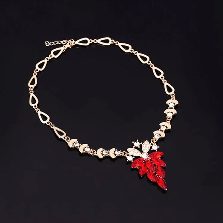 fashion diamond shape leaves flowers necklaces rings jewelry 2 pcs set for women (red)