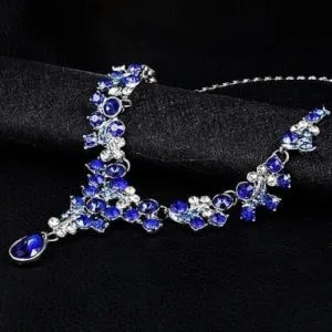 wreath necklace long earrings for ladies fashion prestige temperament rhinestone jewelry 2pcs set (blue)