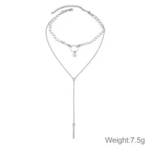 handmade sequins star tassels circle clavicle chain long pendant double layer chain (silver)