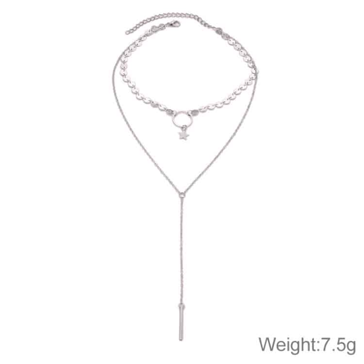 handmade sequins star tassels circle clavicle chain long pendant double layer chain (silver)