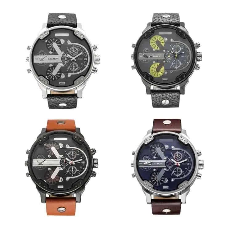 cagarny 6820 fashionable multifunctional style quartz business sport wrist watch with leather band & gmt time & calendar & luminous display for men (brown)