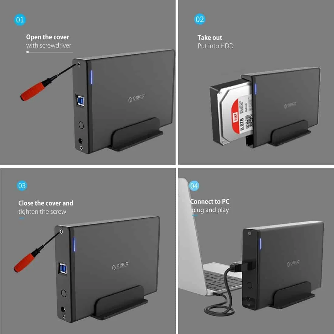 vertical aluminum external hard drive enclosure storage case hard drive dock for 3.5 inch sata hdd orico 7688u3 (black)