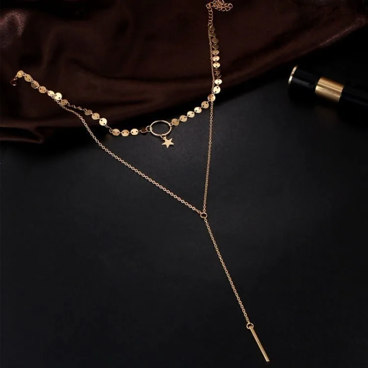 handmade sequins star tassels circle clavicle chain long pendant double layer chain (gold)