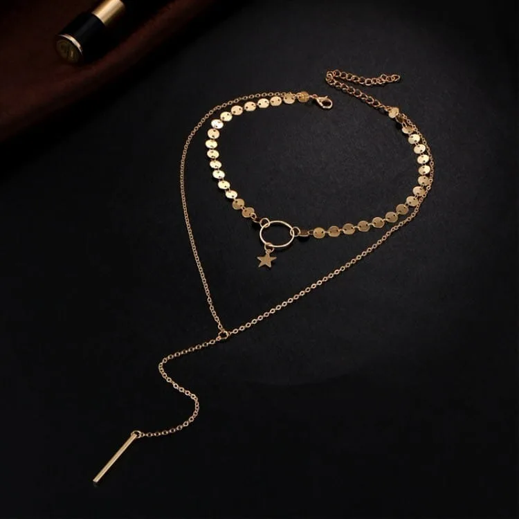 handmade sequins star tassels circle clavicle chain long pendant double layer chain (gold)