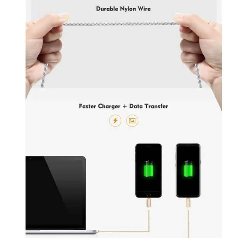 floveme 3 in 1 2.4a 1m nylon weave style 8 pin + micro usb + type c magnetic data sync charging cable (rose gold)