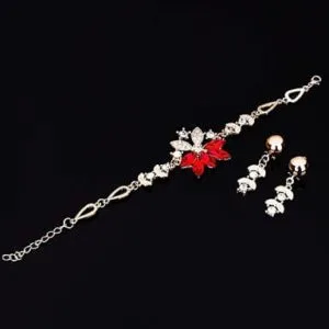 fashion diamond shape leaves flowers bracelets earrings jewelry 2 pcs set for women (red)