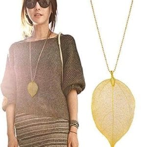 necklace filigree long bohemian unique natural leaf women jewelry (gold)