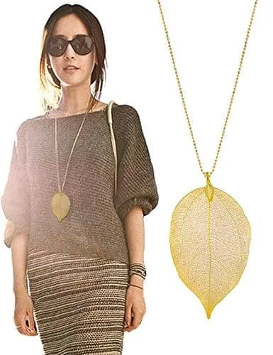 necklace filigree long bohemian unique natural leaf women jewelry (gold)