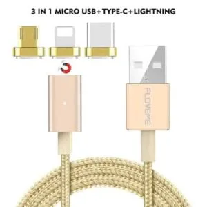 floveme 3 in 1 2.4a 1m nylon weave style 8 pin + micro usb + type c magnetic data sync charging cable (gold)