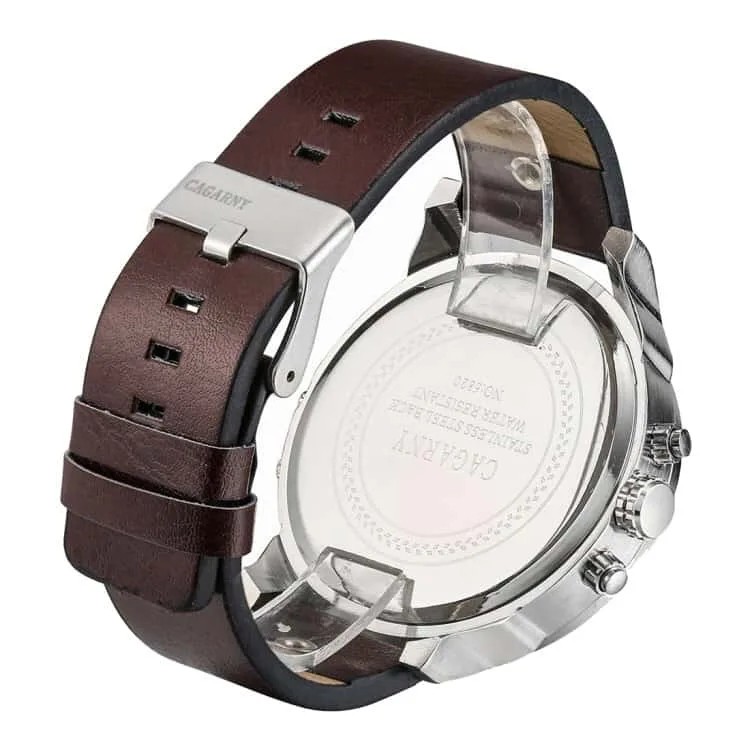 cagarny 6820 fashionable multifunctional style quartz business sport wrist watch with leather band & gmt time & calendar & luminous display for men (brown)