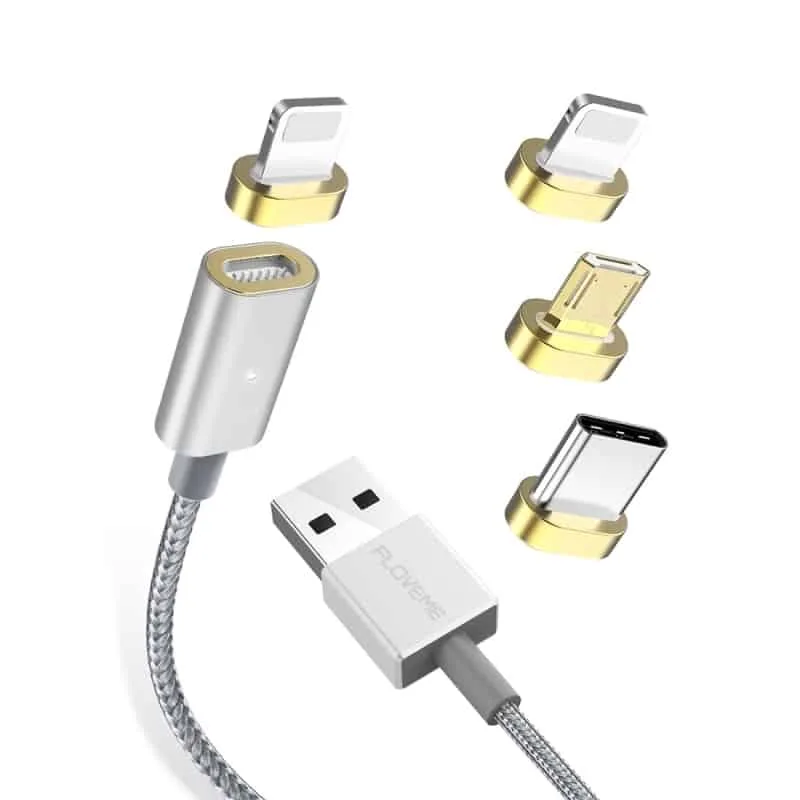 floveme 3 in 1 2.4a 1m nylon weave style 8 pin + micro usb + type c magnetic data sync charging cable (rose gold)