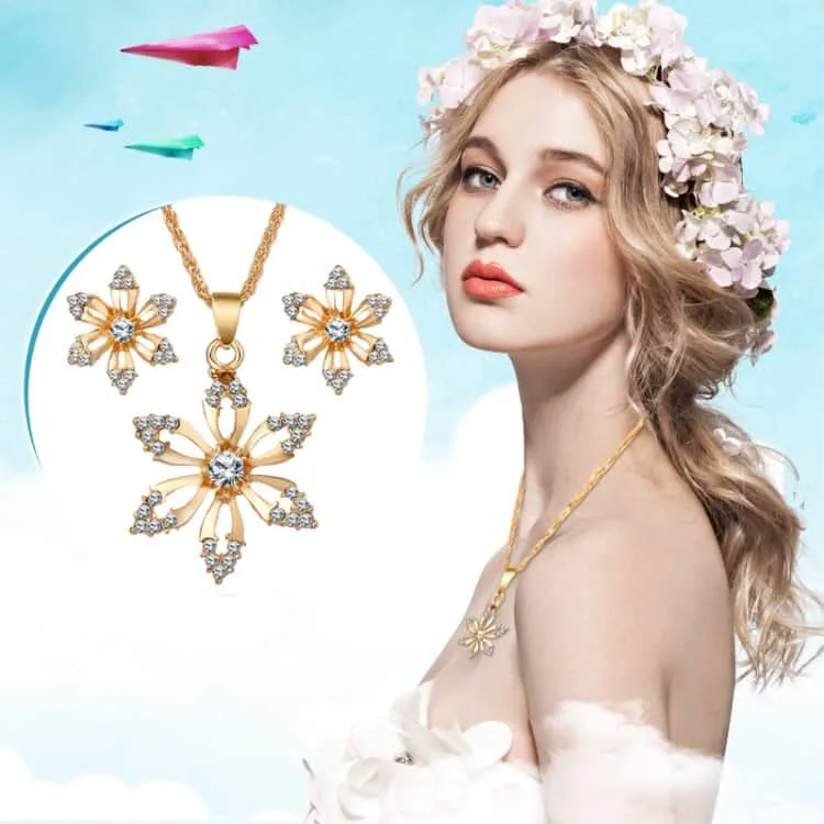 diamond shape flower bridal necklace earrings three piece (gold) diamond shape flower bridal necklace earrings three piece (gold)