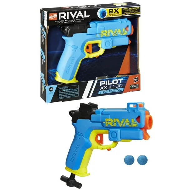 nerf rival pilot xxiii 100 blaster, break barrel load, t bar priming, 2 nerf rival accu rounds, most accurate nerf rival system, 90 fps